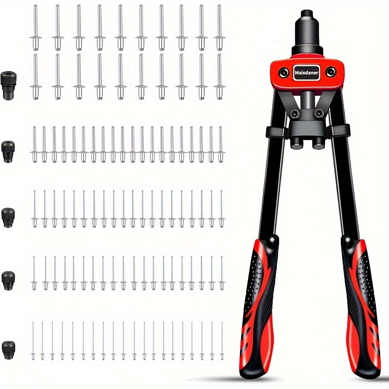 TEMU Rivet Gun Tool Kit, Heavy Duty Hand With 5 Nosepieces And 100 Rivets, For Metal, Plastic, Leather - , Durable Steel Construction, And Portable For Home And Professional Use