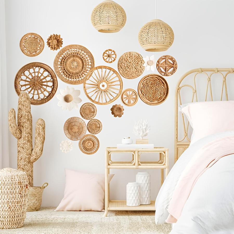 2pcs Brup Boho Chic Self-adhesive Wall Stickers - Woven Basket & Geometric Patterns, Removable Pvc Decals For Bedroom, Living Room, Entryway - Easy To Apply, Rustic Home Decor, Room Accessories