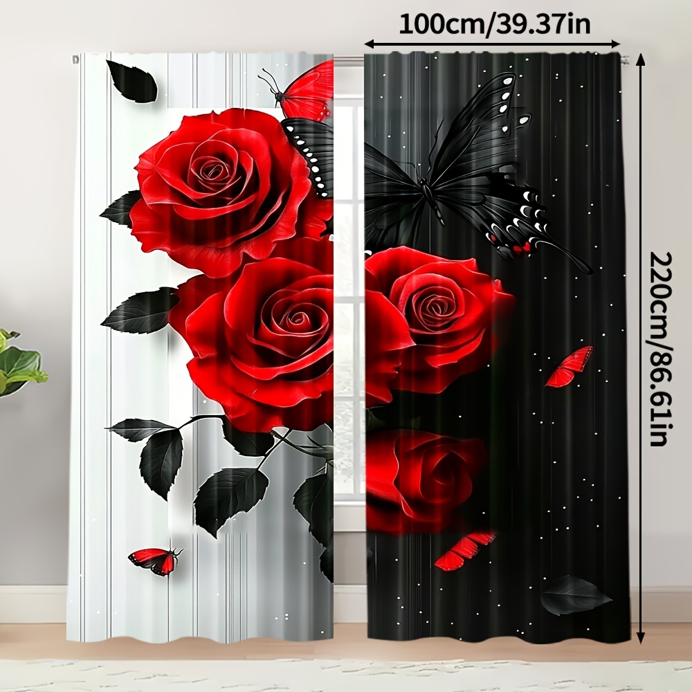 TEMU 2pcs Valentine's Day Curtains - Thermal Insulated Black Background Window Drapes With Red Roses & Butterflies, Light Blocking Window Treatments