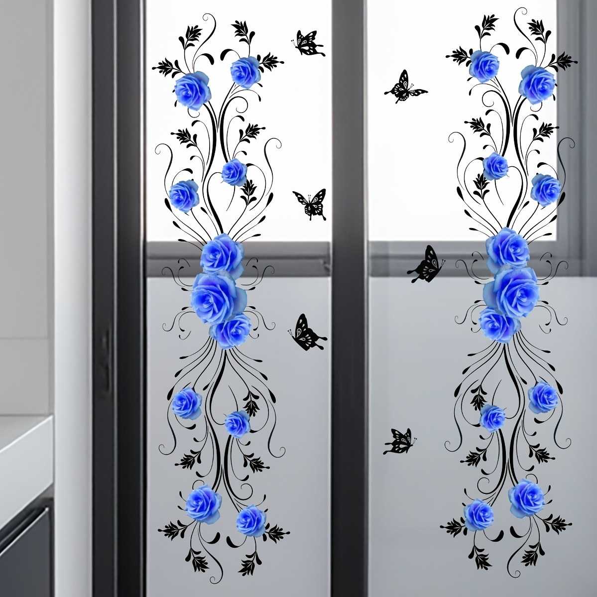 TEMU 1pc Blue Rose Vine Tile Glass Sticker, Black Silhouette Bathroom Sliding Door Decorative Window Sticker, Floral Vine Glass Door Decal, Suitable