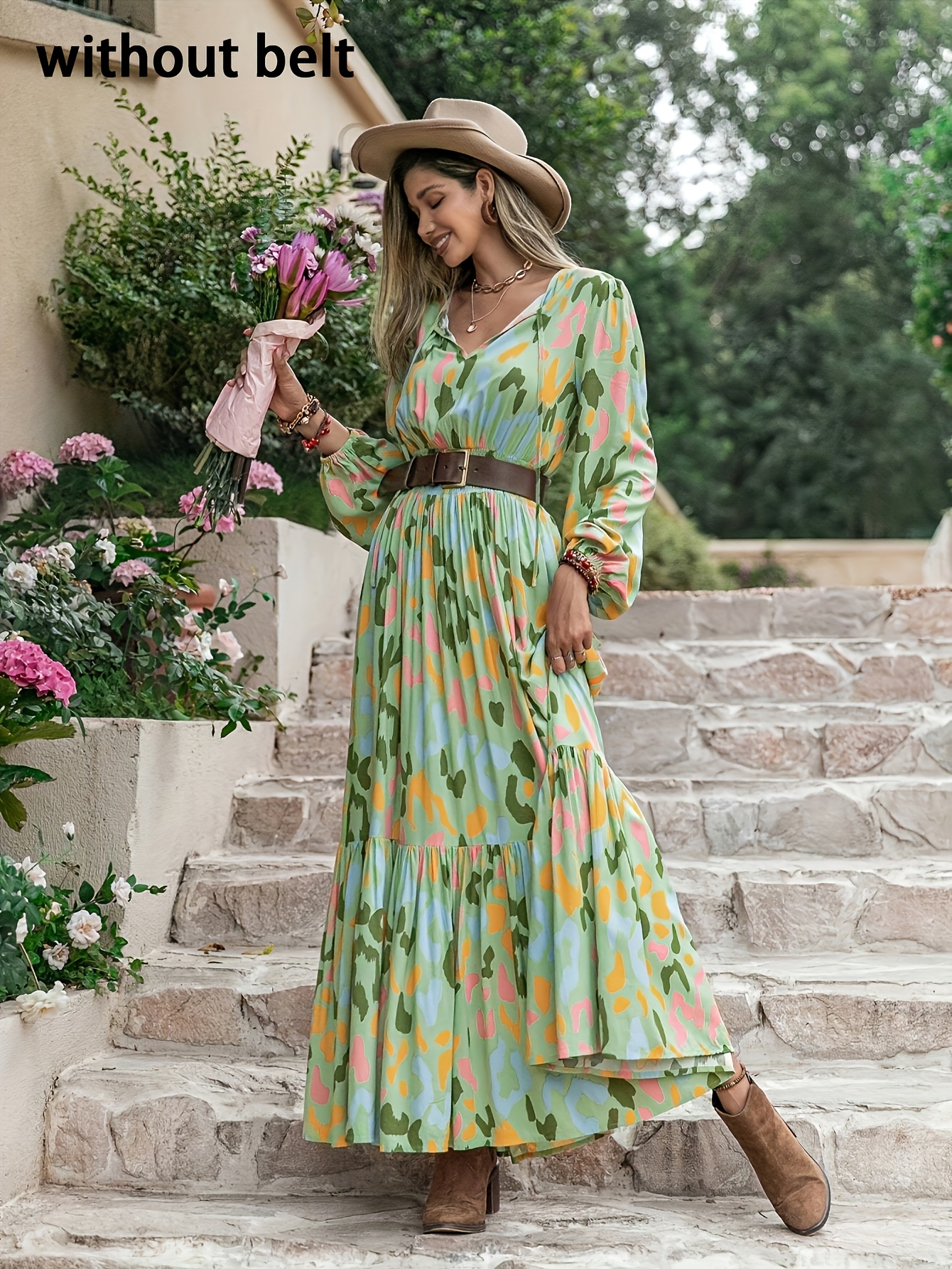 * [No Belt] Bohemian Dress Vintage Exquisite V-Neck Waist-Cinching Front  Drawstring Long Sleeve Dress