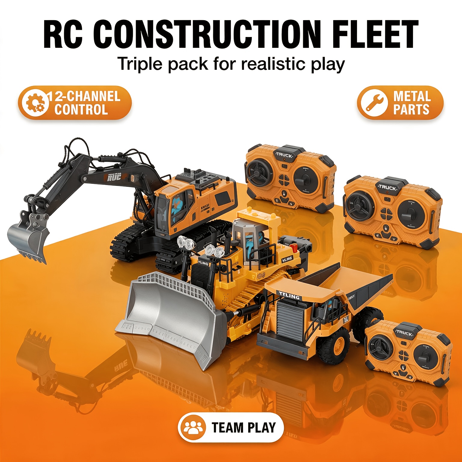 TEMU 3pcs A Set 2.4g Remote Control Construction Toy Set 3 Pack Excavator Bulldozer Dump Truck Fun Building Site Experience For Boys