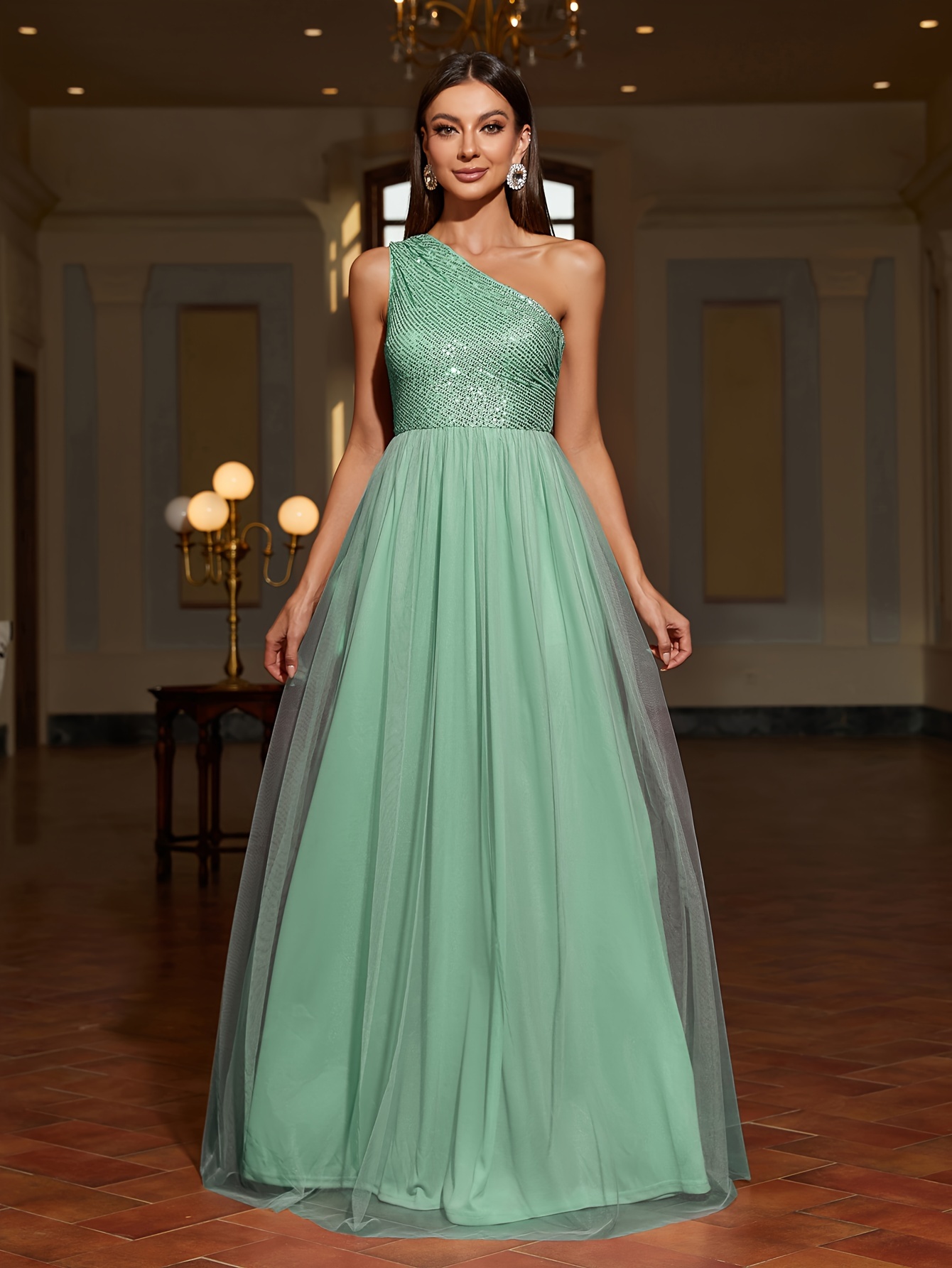 Slanted Shoulder Sequin Patchwork Mesh Dress, Family Gathering Birthday Party Dress, Elegant and Fashionable Dress, Women's Long Dress, Party Dress, 2025 New Style, Women's Evening Dress, Host Performance Dress, Bridesmaid Dress, Prom Evening Dress, Concert Performance Dress, Award Ceremony Dress, Fashion Boutique Dress, Festival Attire, Graduation Outfit, Holiday Date Outfit