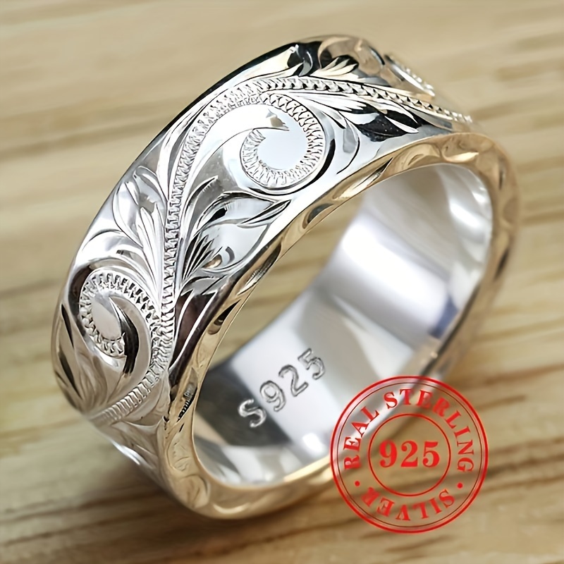 Image of Bohemian Style S925 Sterling Silvery Carved Ring, Wide Band Vintage Jewelry For Women