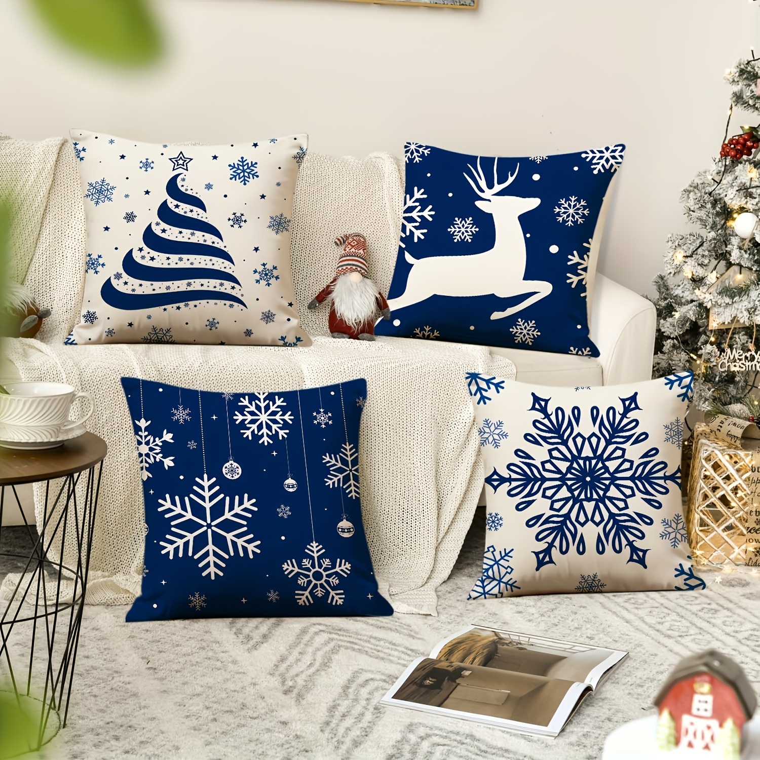 

4pcs Blue Dream Christmas Throw Pillow Covers 18x18 Inches - Contemporary Style, Machine Washable Polyester With Zipper Closure For Sofa & Home Decor