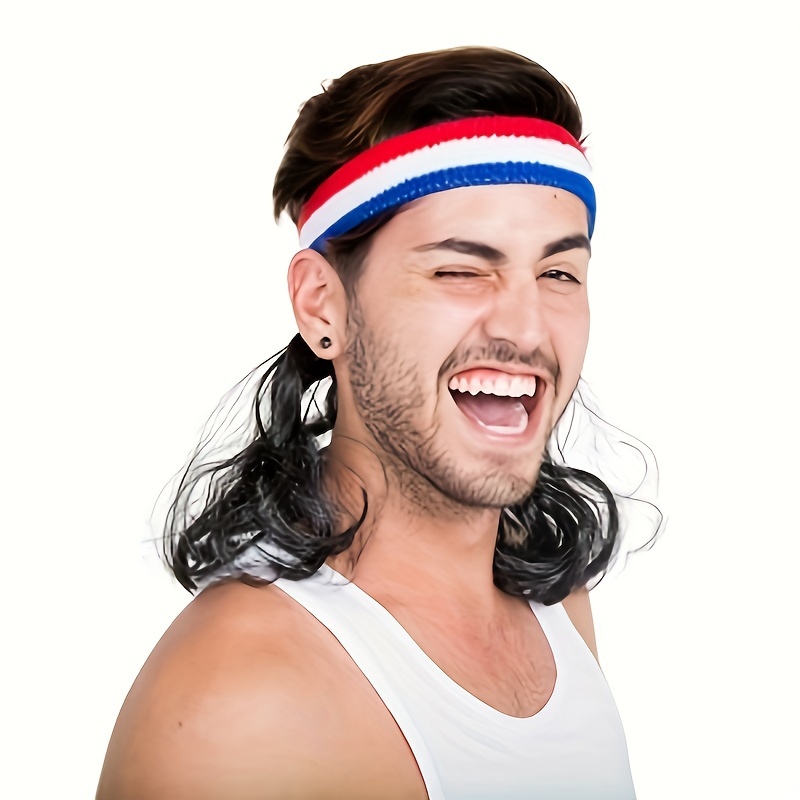 Patriotic Mullet Wig With Mustache – Red White & Blue 4th Of July Costume Wig For Men