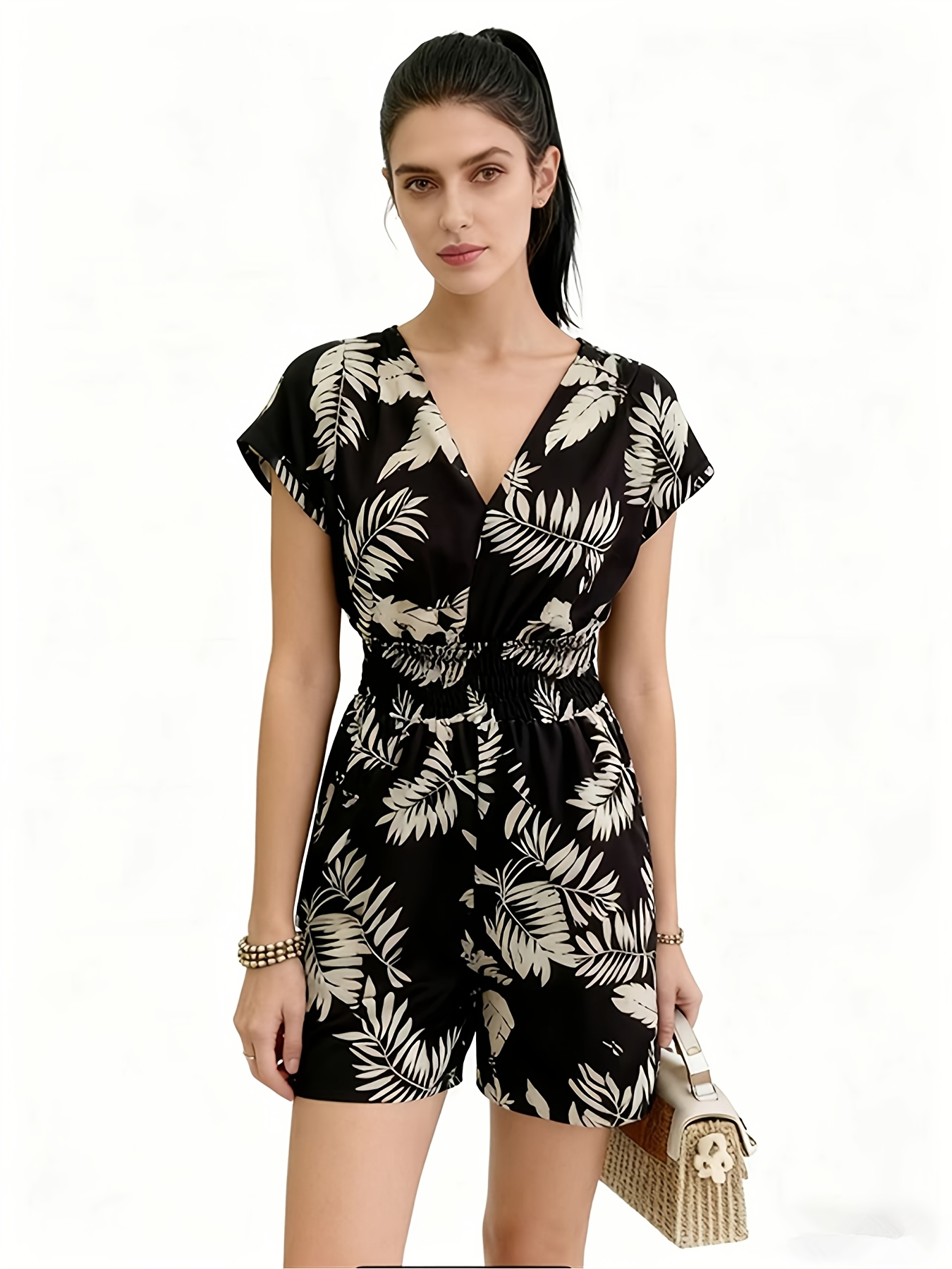 leaf and floral casual versatile jumpsuit high waist tie for a flattering fit with pockets back slit lace up closure elegant womens romper suitable for daily   details 12