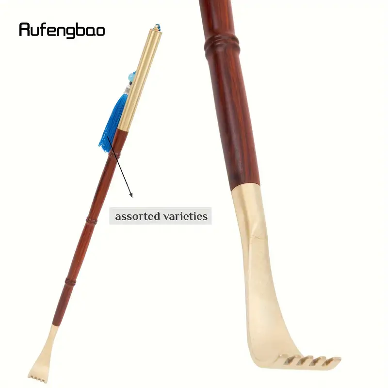 wooden scratcher back massager ergonomic handle with blue ribbon smooth curved design for reach areas durable red golden for personal use tool selfmassage aid elegant personal care polished wood durable wood craft wood home relaxation Product details 4