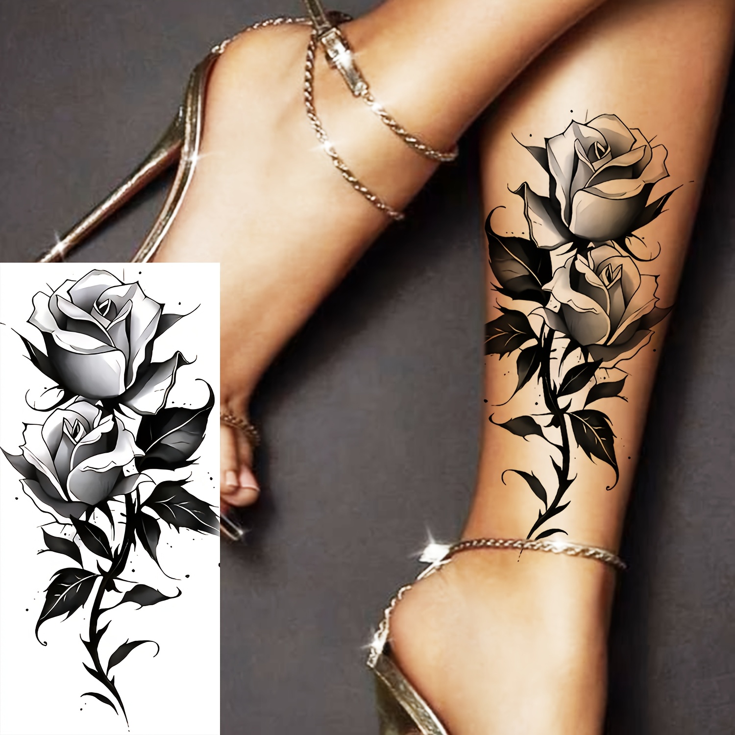 A Black Sexy Temporary Tattoo Sticker Suitable For Adults, To Body Parts Such As Hands, Fingers, Feet, Neck, Collarbone, Waist, Legs, Thighs, Shoulders, Ankles, Forearms, Calves
