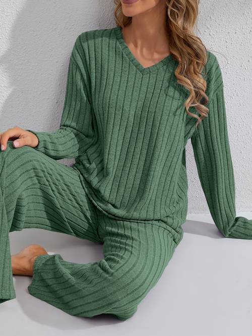 simple long sleeve and pants solid color comfortable fashion womens loungewear set