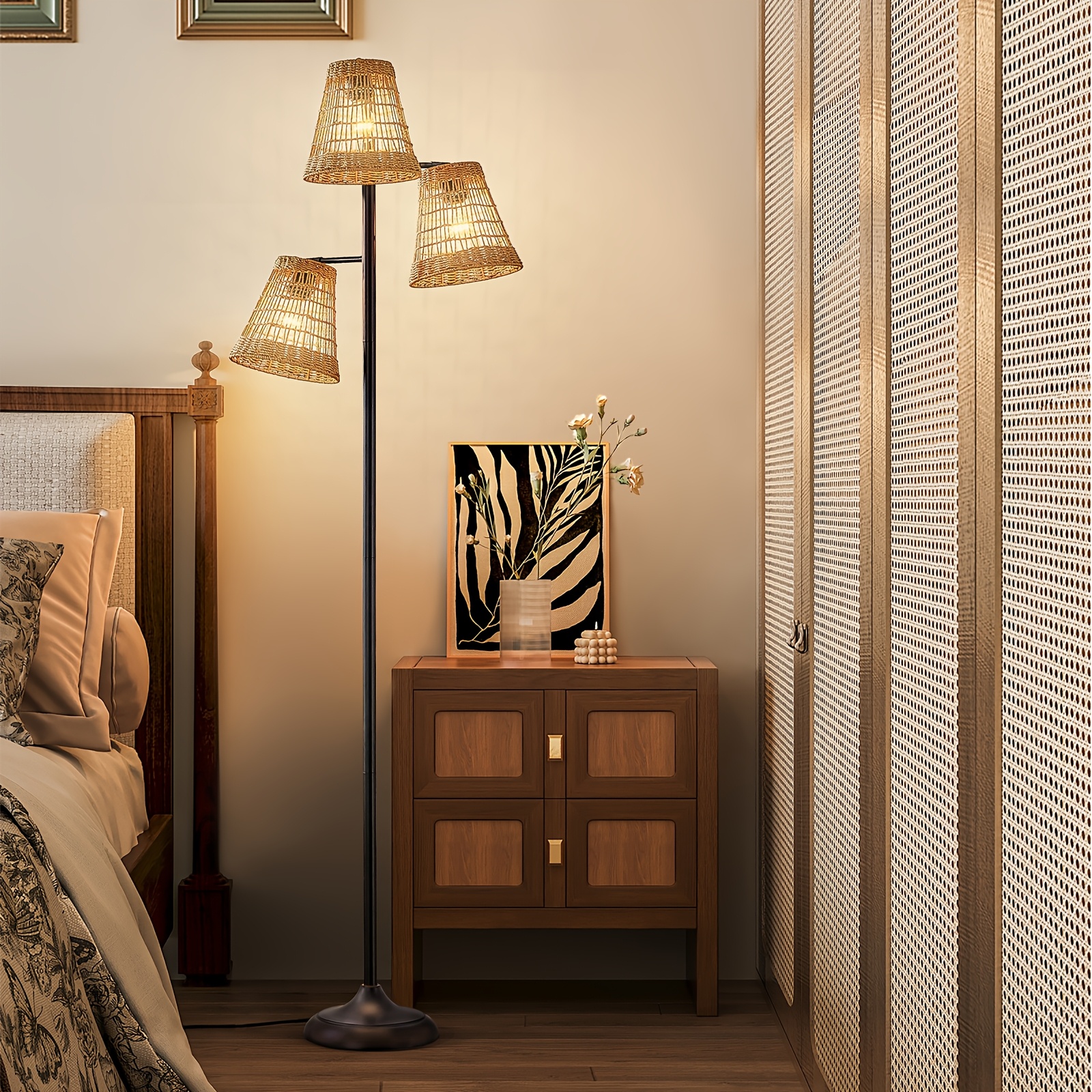 1pc wood beaded bohemian floor lamp standing pole light with