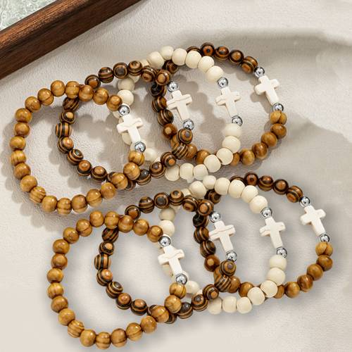8 stylish vintage turquoise cross pattern wooden bead bracelets for couples wristbands ideal gifts for holidays and versatile additions