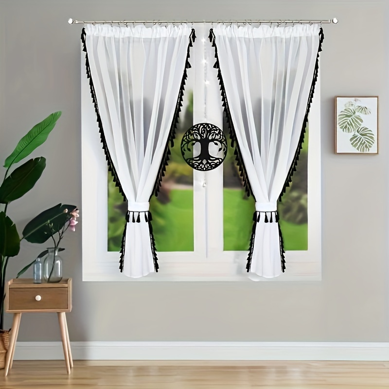 Image of Sheer Curtains 63 Inch Length Decor Curtains For Bedroom Windows Rod Pocket Curtains & Drapes With Tassels Curtains For Living Room Kitchen 57" "