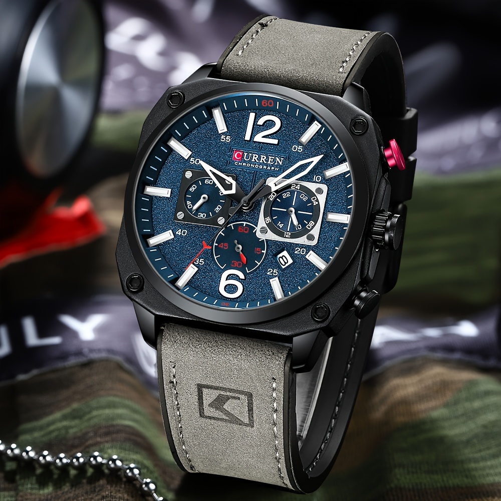 mens fashionable sports watch multifunctional chronograph quartz luminous hands date display   alloy case square dial electronic movement silicone strap   details 10