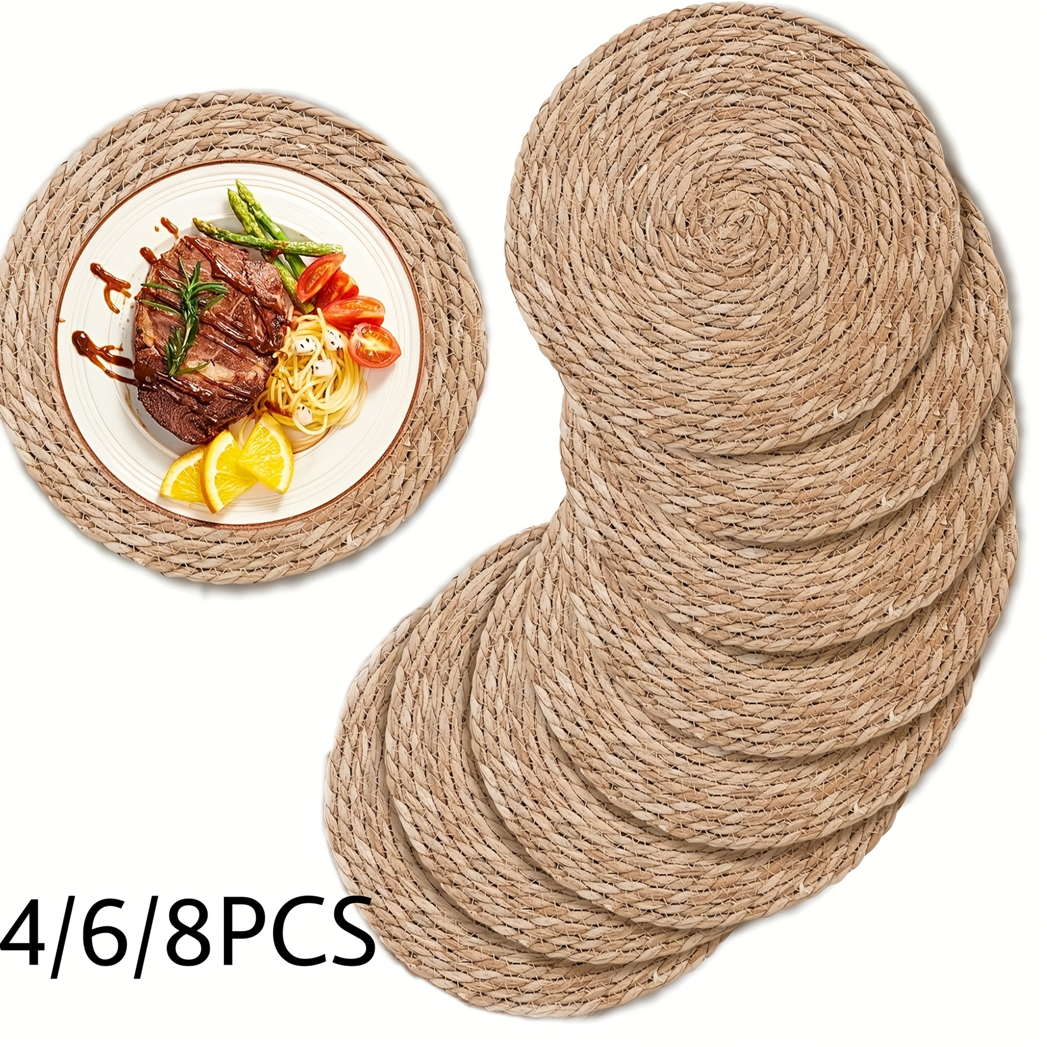 4/6/8 stück runde gewebte tischsets – waschbar, rutschfest rustikal gestreift. vintage rattan-gewebe-tischsets –   für zuhause hochzeitsdekoration