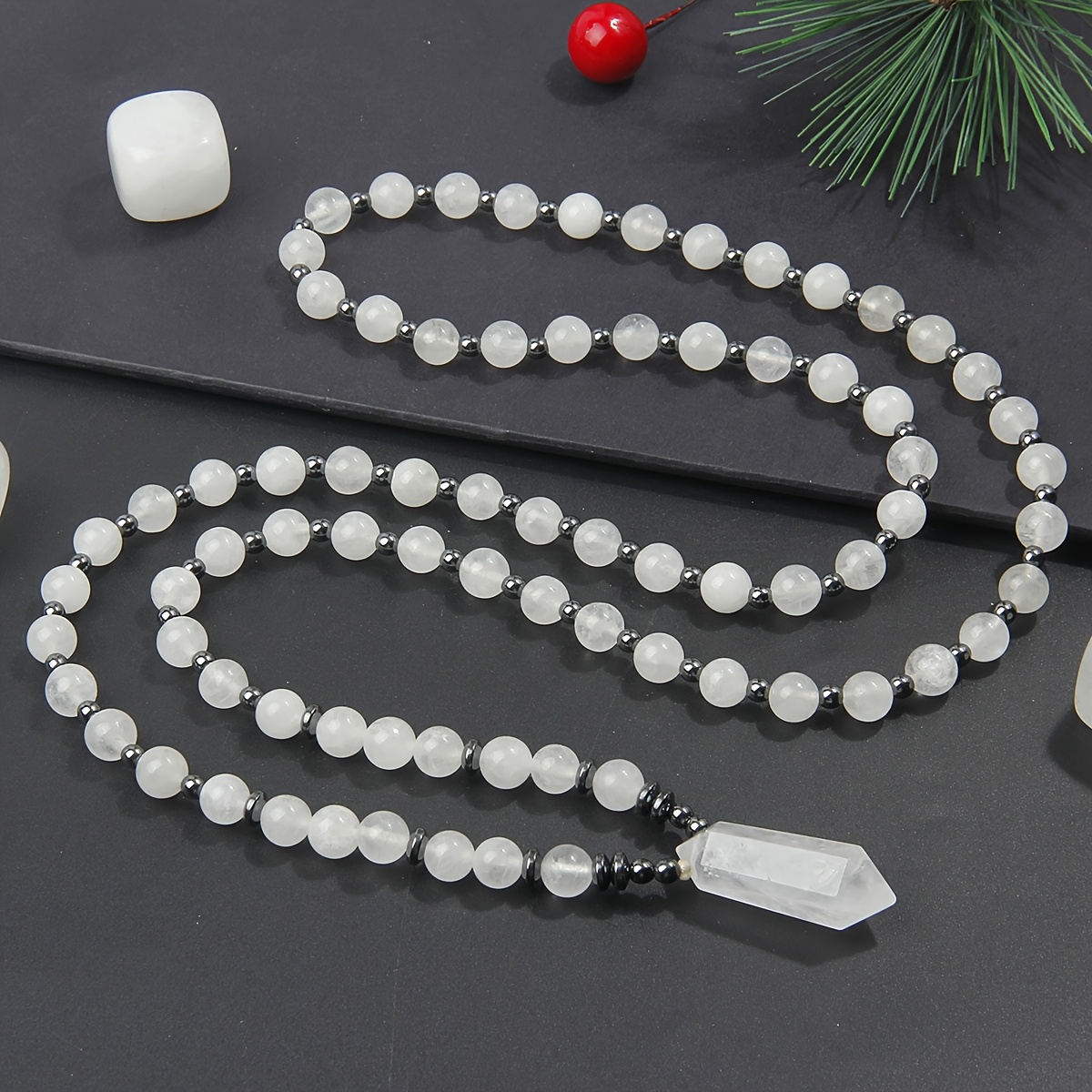 TEMU Bohemian Clear Quartz Pendant Necklace, White Natural Stone Beaded Necklace, Exquisite Women's Accessory, Birthday Gift For , Each Pendant's