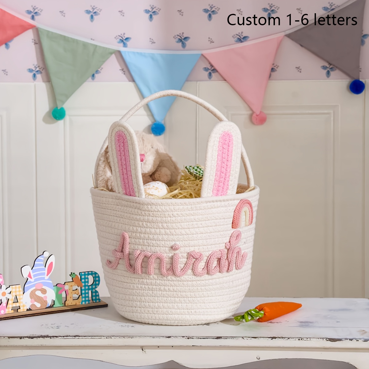 TEMU 1pc Personalized Easter Bunny Basket With Name/initials - -look Storage Basket Suitable For, Hunt Basket, Room Decor, Basket For Holiday Party