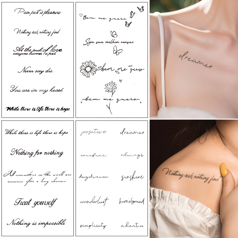 4pcs Herbal Temporary Tattoos - Waterproof, Long-lasting & Non-reflective English Phrases For & Clavicle -