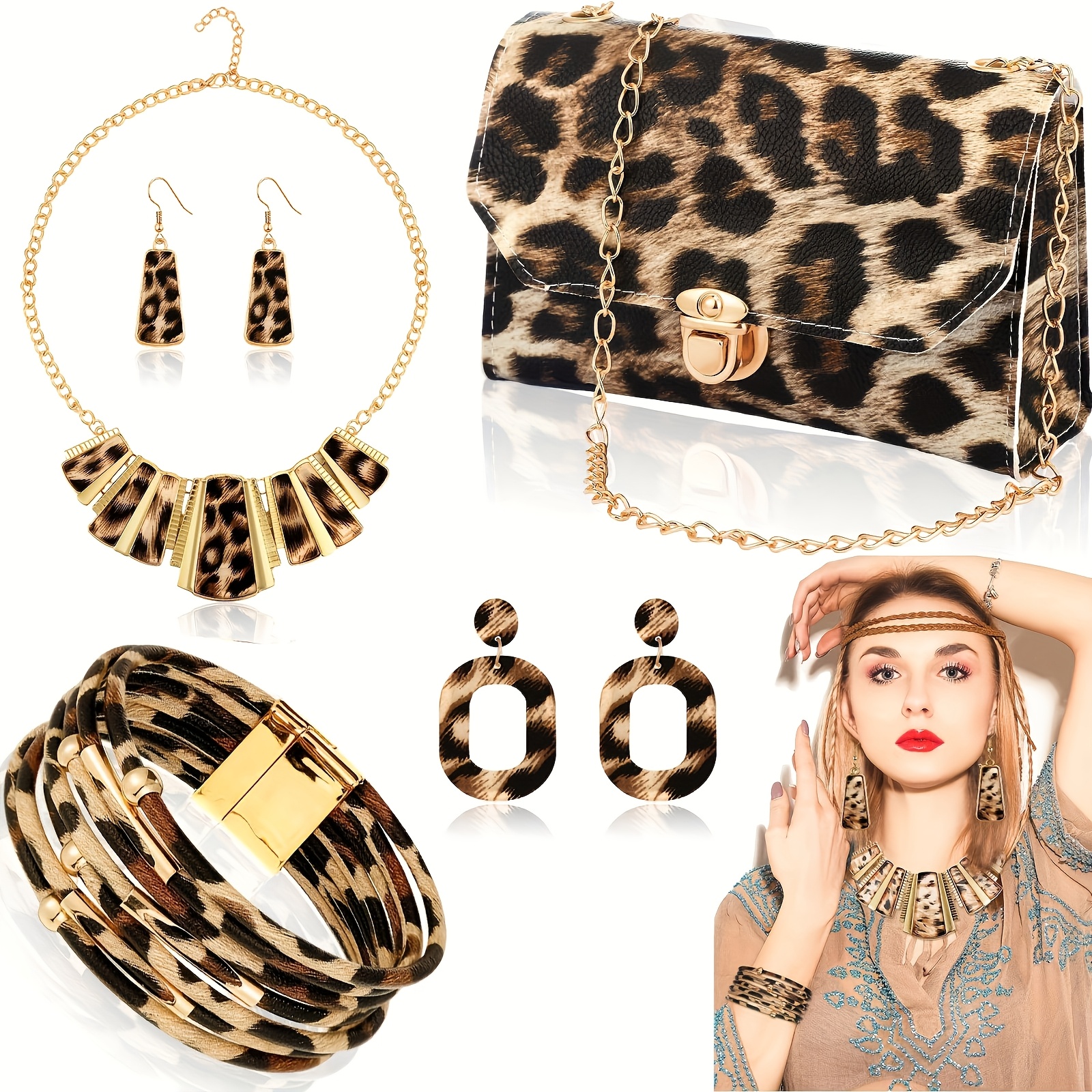 TEMU Chic 7pcs Leopard Print Jewelry Set For Women - Includes Statement Clutch, Earrings, Leather Bracelets & Tassel Necklace