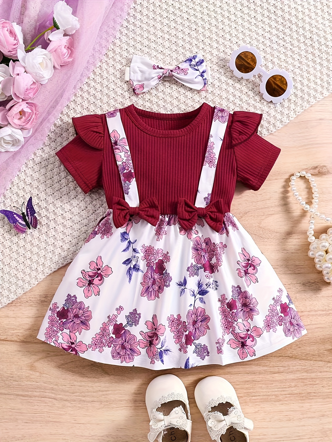 2pcs Baby Girl Red Floral Print Bowknot Faux-two Long-sleeve Dress with Headband Set