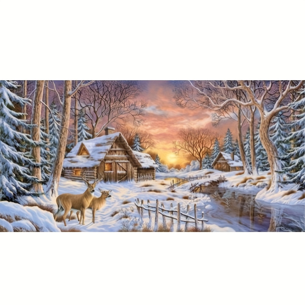 

Kit de peinture diamant 5D - Diamants acryliques ronds, paysage complet avec cabane enneigée et cerf, décoration murale à faire soi-même et coffret cadeau sans cadre