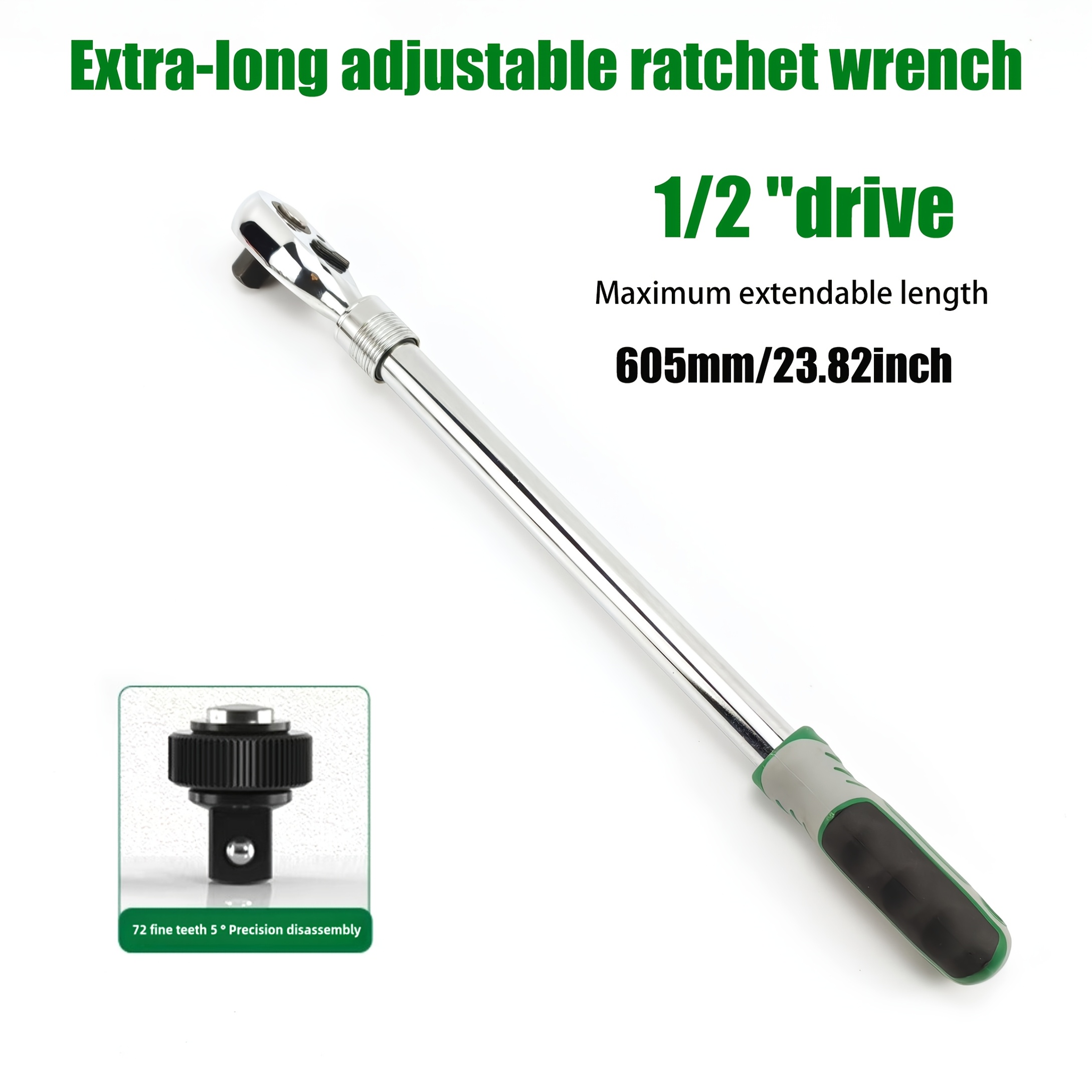 TEMU A Long 1/2 Inch Drive Retractable Ratchet Wrench, Adjustable From 46.5cm/18.3 Inches To 60.5cm/23.8 Inches, Made Of Chrome Vanadium Steel,
