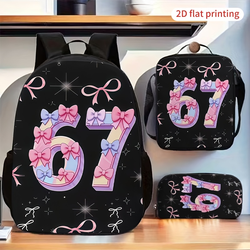 TEMU Conjunto de mochila con estampado de 67 de 3 piezas, mochila escolar con correas ajustables y compartimentos con cremallera, mochila de viaje