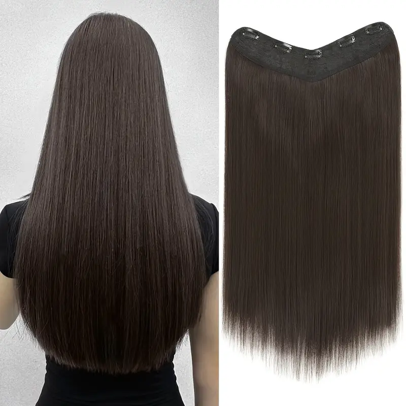 clip-in hair extensions v-shaped brown 60.96 cm long straight hair heat resistant fiber synthetic hairpiece for women girls use details 0