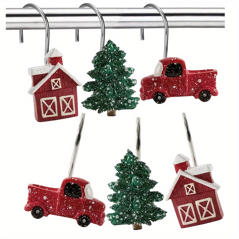 

Christmas Series 12pcs Christmas Tree Truck House Christmas Decoration Bathroom Accessories Living Room Bedroom Kitchen Home Decorative Shower Curtain Hook Shower Curtain Ring Curtain Hook