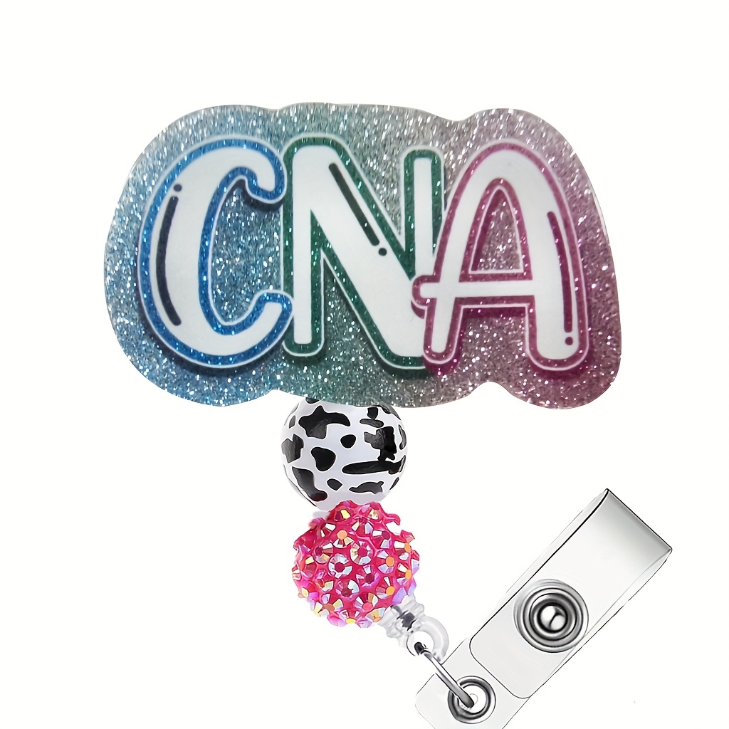 

1pc Cna Acrylic Name Badge Reel With Beads, Retractable Glitter Badge Holder, Professional Id Clip For Nurses, Work, , Office Staff - English Language