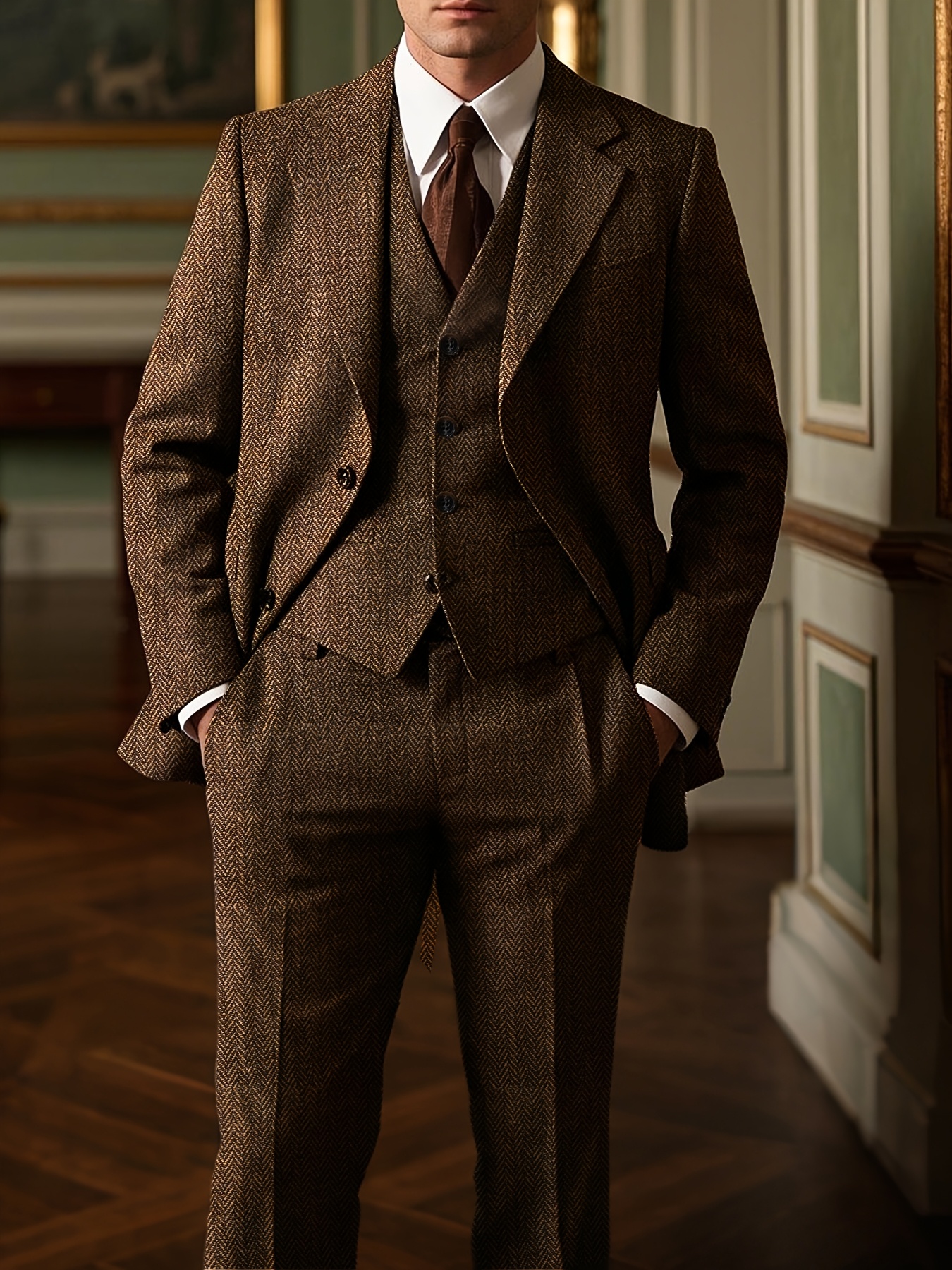 *'S 3pcs Blend Set Elegant Vintage Style with Notched Lapel, Long Sleeve  Shirt Pants Weddings, Formal Events, and Business Parties, - Main Image