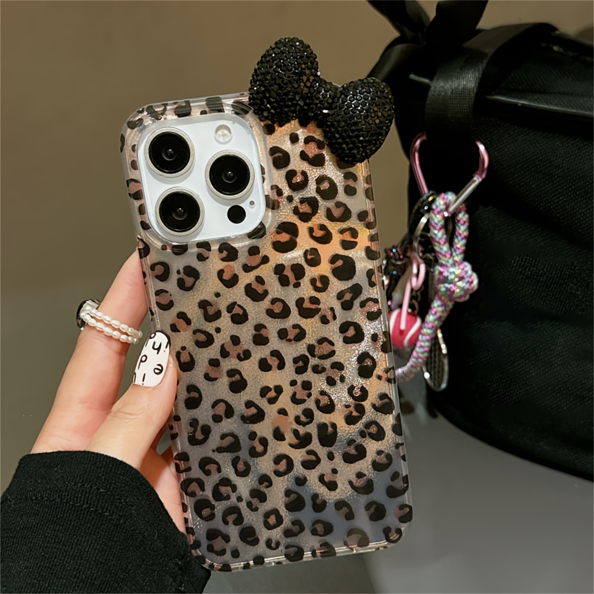 

Stylish 3d Rhinestone Bow Leopard Print Phone Case Compatible With 15 14 Pro Max 11 Stylish Shockproof Back Cases