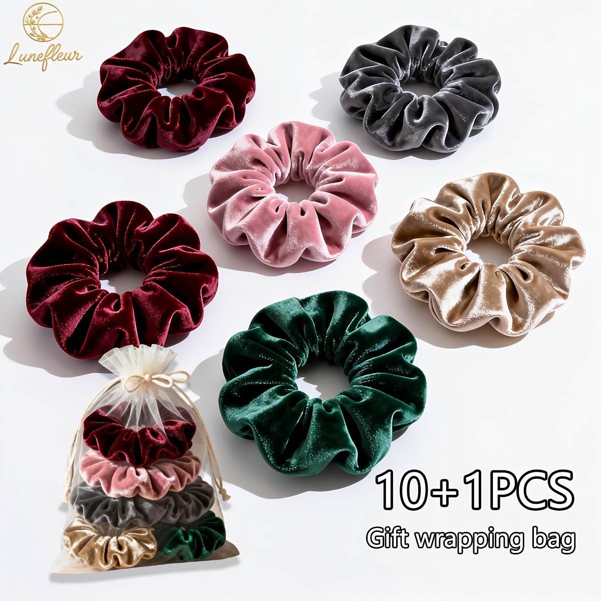 TEMU 10pcs Velvet Scrunchies And 1 Premium Gift Bag Set – Burgundy, Rose Pink, Dark Gray, Champagne Golden, Forest Green, Soft Hair Ties For Women