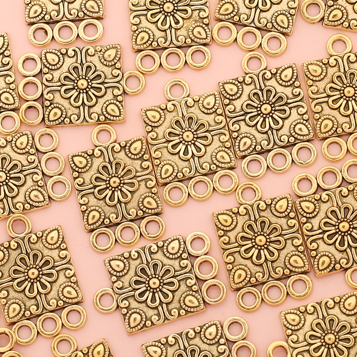 TEMU 14 piezas de dijes colgantes cuadrados con flores, conectores estilo bohemio, accesorios de aleación de , dijes para pulseras, collares, aretes,