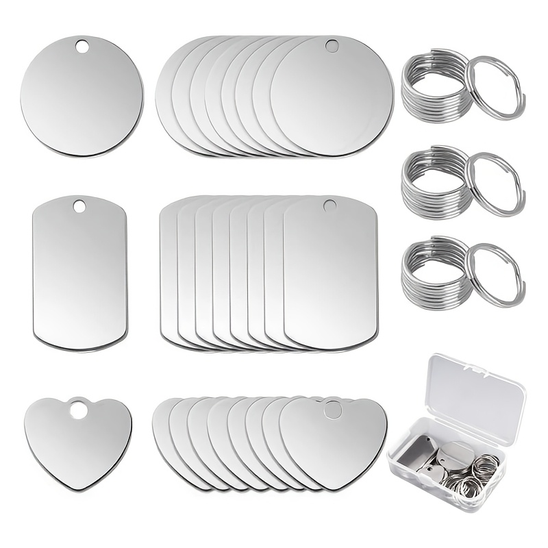 TEMU Pack Of 24 Stainless Steel Pendants Blank, Round/rectangular/heart-shaped Punching Blanks Dog Tags, Dog Tags Key Ring, Blank Metal, Suitable For