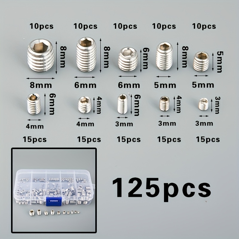 E-shop 125 Stück/Box Inbusschlüssel Innensechskantschlüssel mit Topfsenkaufschrauben, Schraubensatz M3/M4/M5/M6/M8, Edelstahl-Hardware-Set Klasse 12.9