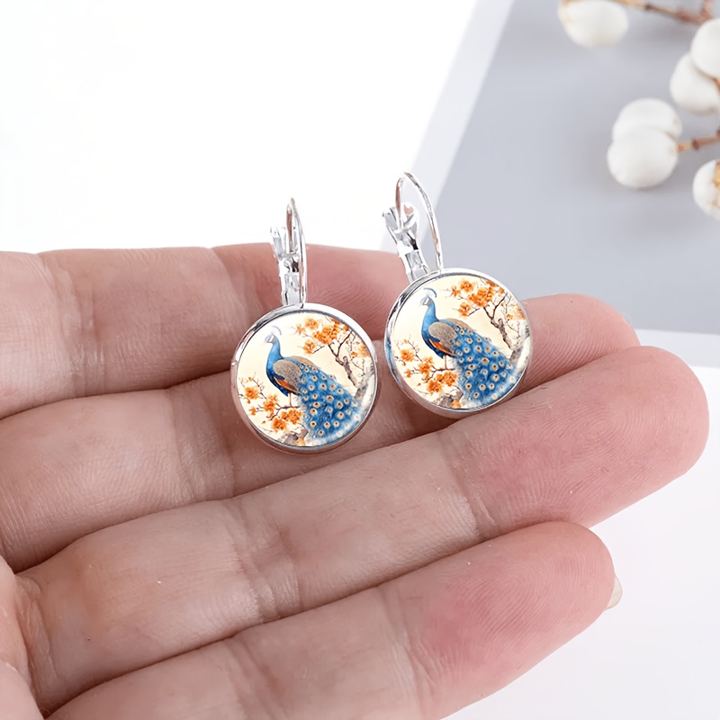 2pcs Set White French-style Earrings with Blue Peacock Design