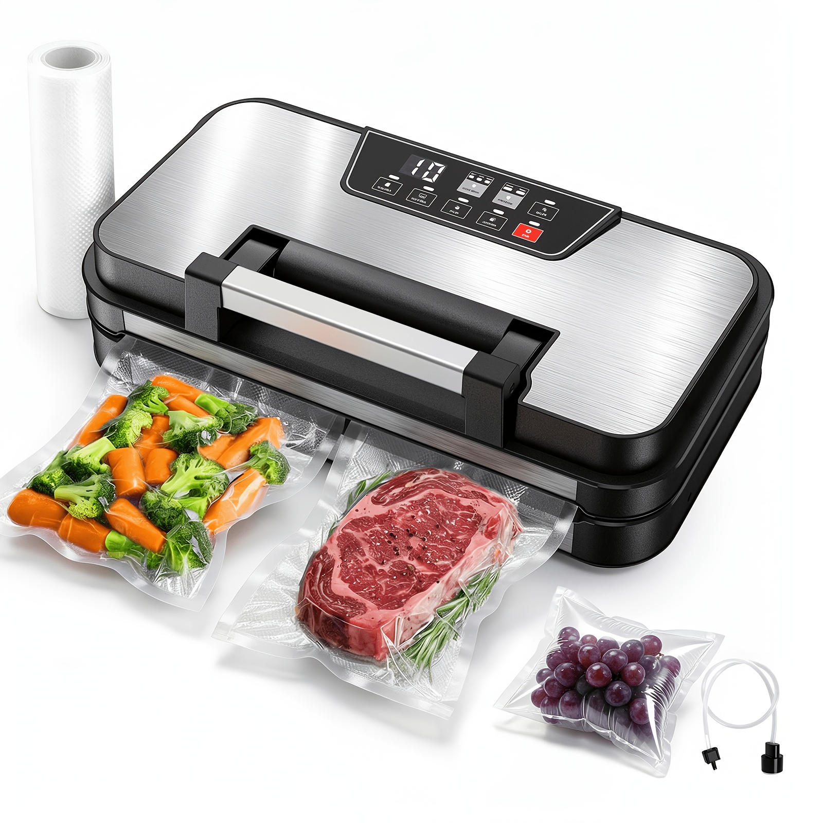 TEMU 95kpa Multi-functional Vacuum Sealer With Inflation Function, Built-in Cutter, Handle Lock, Dual , And Countdown Display. With 1 Roll Of Vacuum