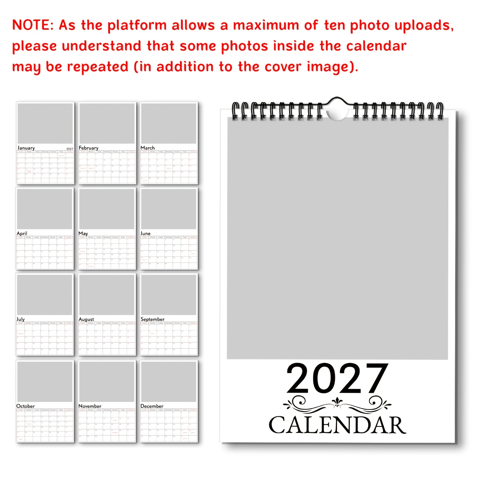 TEMU 1pc 2027 Personalized Photo Memory Calendar - Custom Photo Hanging Planner With Hook & Coil Binding, Monthly Wall Calendar Suitable For Office,