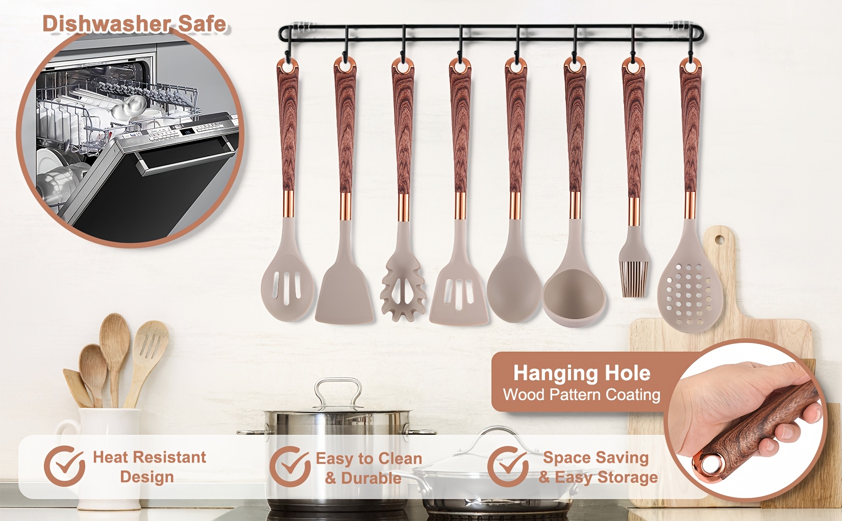 24pcs silicone cooking utensils set kitchen utensils set with storage box wood pattern handle silicone utensils for cooking with food safety turner pasta server skimmer ladle spoon tong whisk details 2