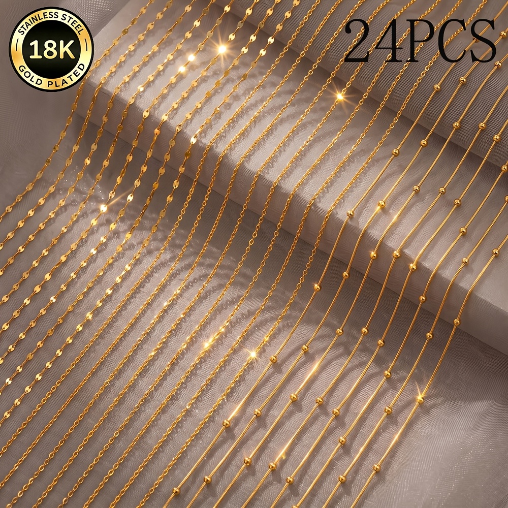 TEMU Lot de 24 minimalistes de haute qualité, hypoallergéniques, en acier inoxydable plaqué or 18K, longueur de chaîne 40+5 cm/15,7+1,96 pouces,