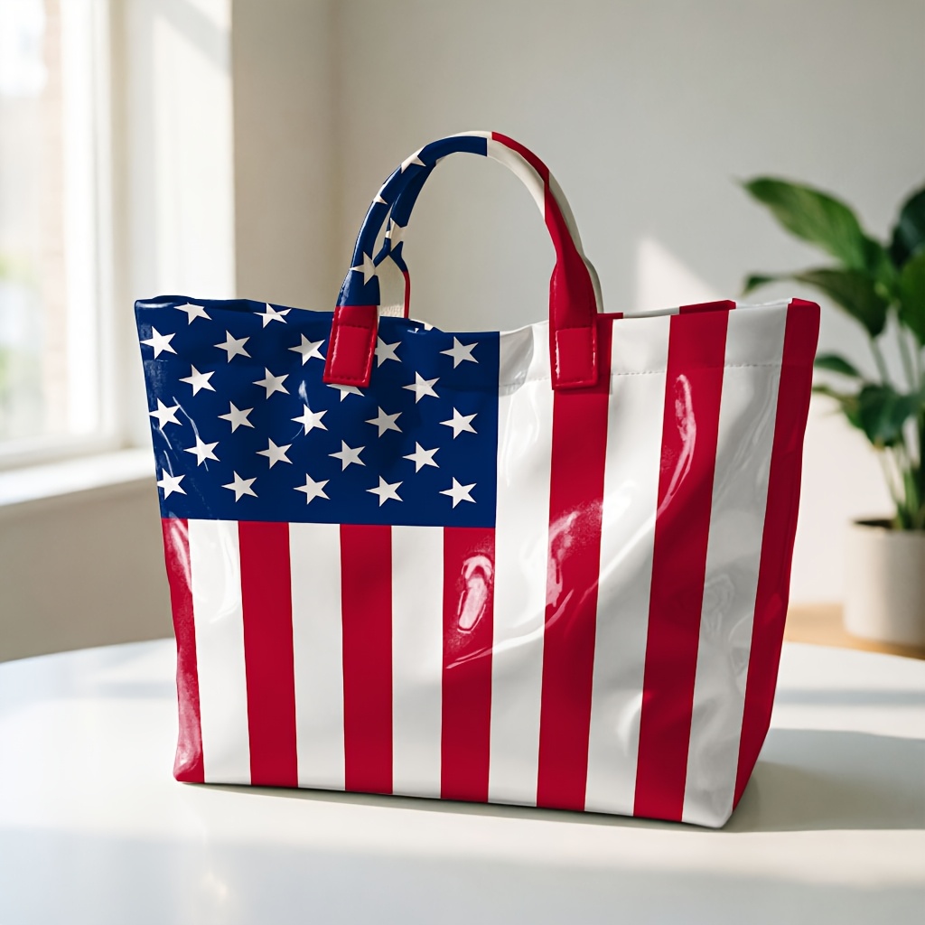 TEMU Usa Stars And Stripes Flag Pvc Hand Tote Bag, Oversized With Magic Tape Closure, Easy Patriotic Reusable Handbag For Women For Daily ,