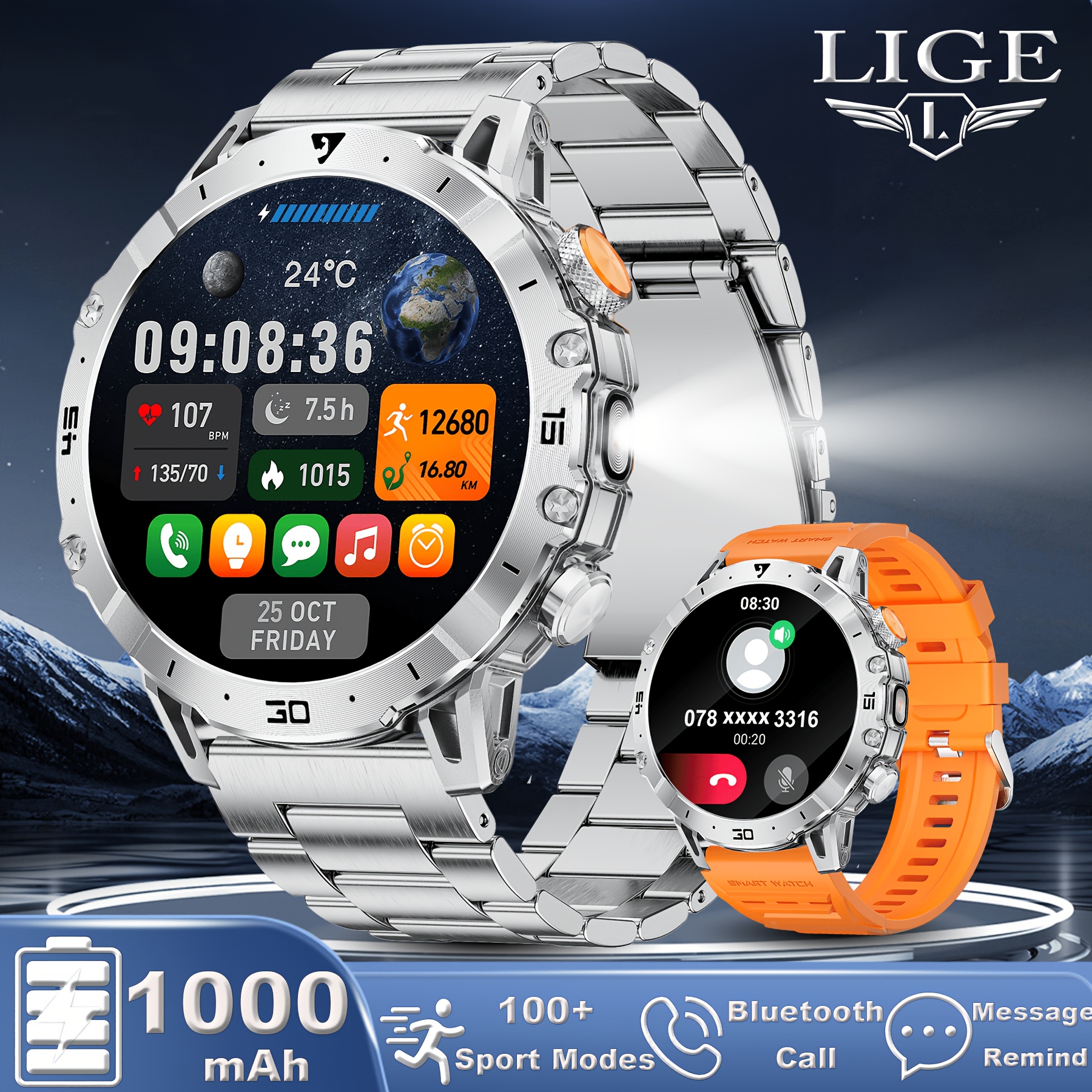 Lige Men Smart Watch For Iphone And With Led Flashlight, Wireless Call, 1.7-inch Hd Screen, 100 Fitness , 1000mah Large Battery, Ipx8, Weather Display, Music And Camera Control, Gift For