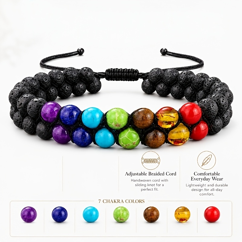 Rainbow Chakra Yoga Natural Stone Bead Bracelet, Adjustable