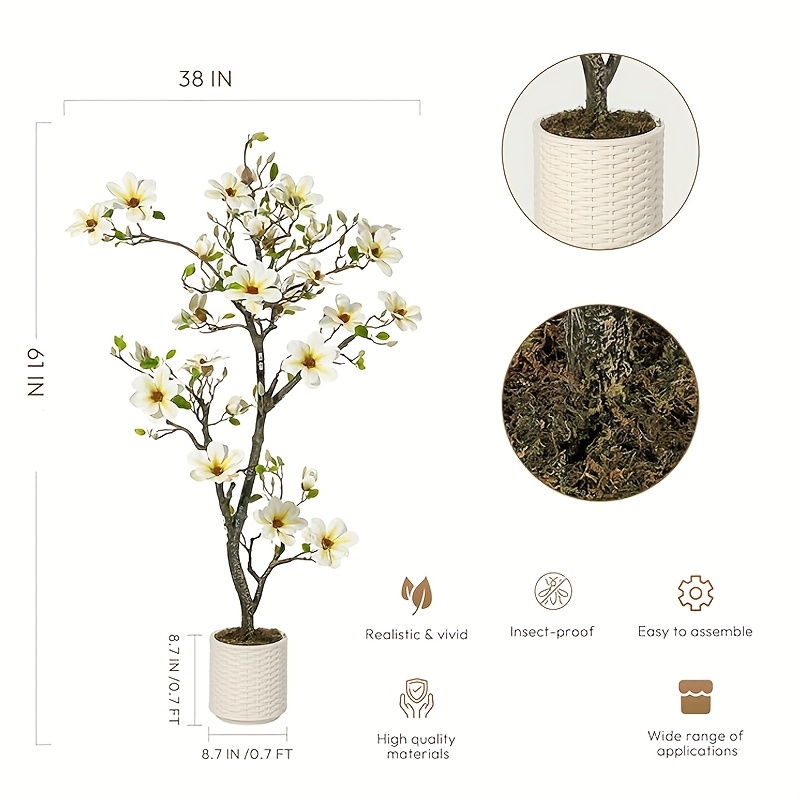 TEMU Large Artificial Magnolia Tree - Realistic Floral Decor With White Flowers & Greenery, Elegant Indoor/outdoor Plant For Home, Office, Wedding,