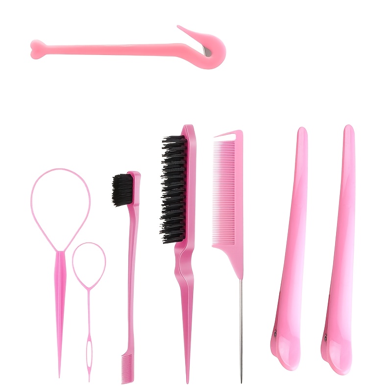 TEMU 8pcs Styling Tool Set - Includes Comb, Edge Control Comb, Eyebrow Brush, Rat Tail Comb And Steel Pin Comb, Hair Clips - Suitable For Curly Hair
