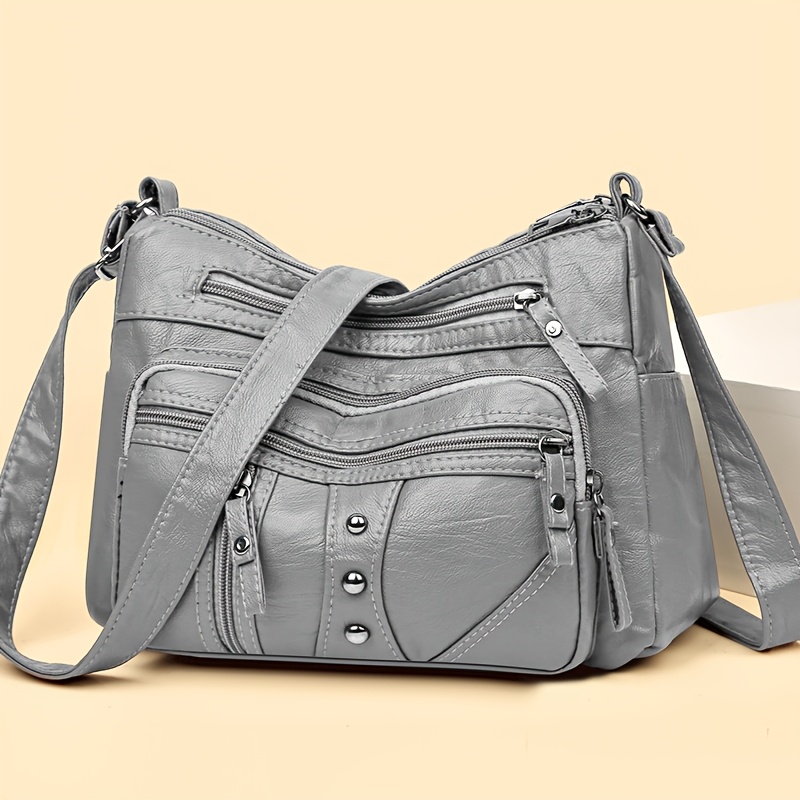 Image of Women's Fashion Retro Shoulder Bag, Multi-zipper Multi-pocket , Convenient For Organizing Items. Fabric, Pu Material, Solid Color Crossbody Bag Square Bag Daily All-match Travel Coin Purse Phone Bag