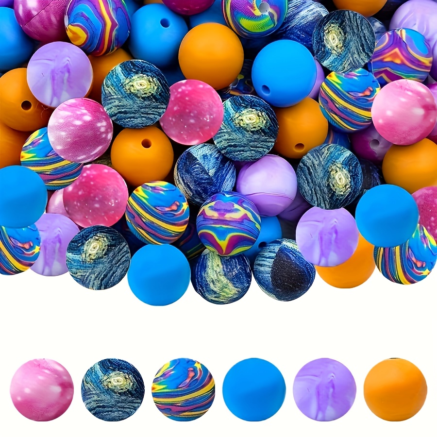 TEMU 45pcs Galaxy Starry Sky Silicone Beads, 15mm - Themed Round Beads, Suitable For Making, Keychains, Bracelets, Necklaces, And Lanyards - Colorful