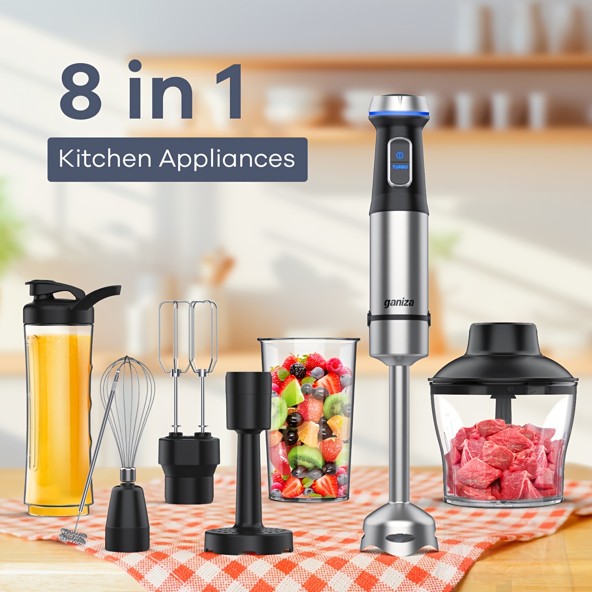 

Ganiza Blender 8 In 1 Hand Blender 16 Speed Mode Handheld Blender Stainless Steel Sitck Blender Includes 8 Total Pieces