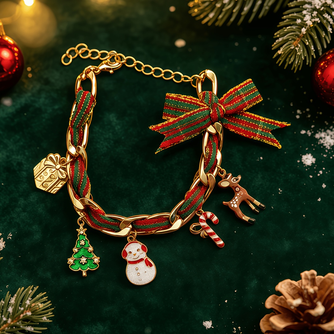 TEMU 1 Bracelet à chaîne épaisse de style vintage avec un nœud en ruban à carreaux de Noël tissé à . bracelet multi-pendentifs , élégant et présente